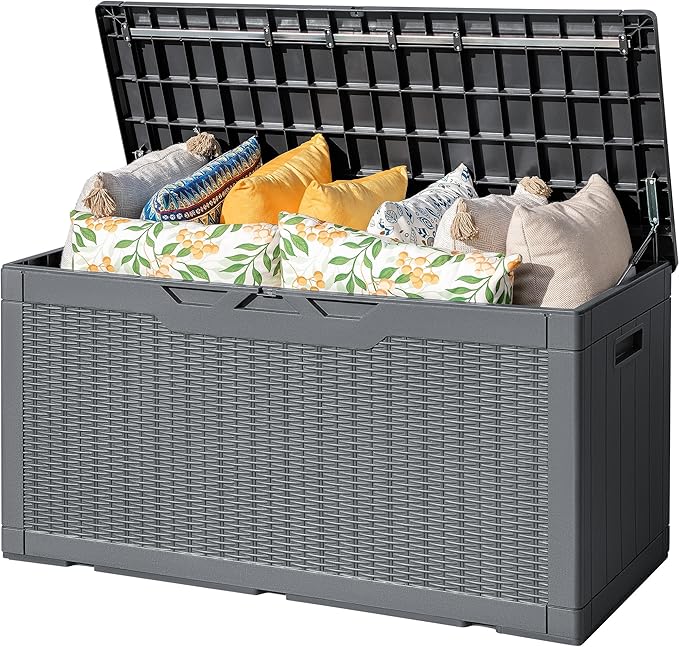 Flamaker Outdoor Storage Box 100 Gallon Waterproof Resin Deck Box Delivery Box with Air Rod Indoor Outdoor Lockable Storage Bench for Patio Cushions, Tools, Pool Accessories (Gray)