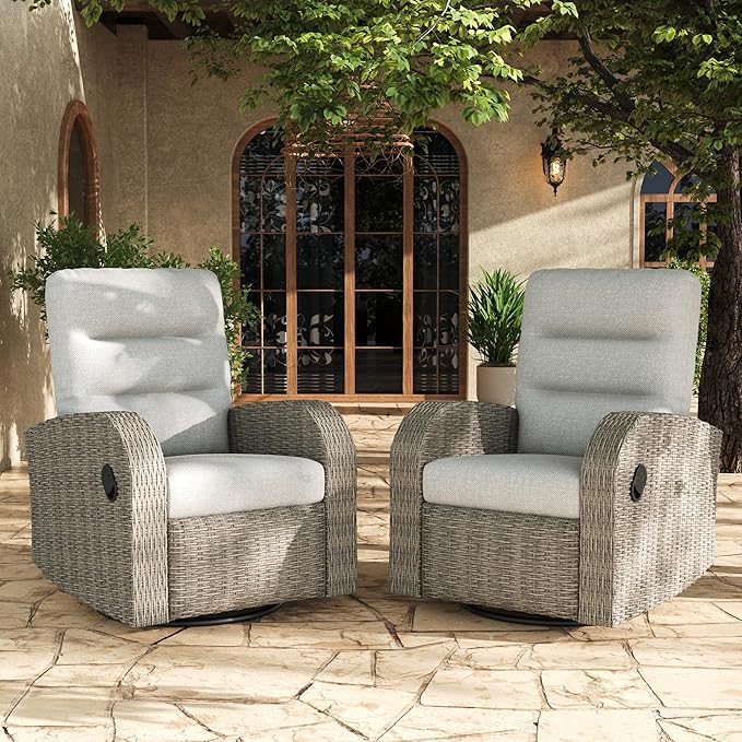 LayinSun Oversized Wicker Outdoor Swivel Glider Recliner with Adjustable Backrest & Footrest, Patio Reclining Lounge Chair - Set of 2