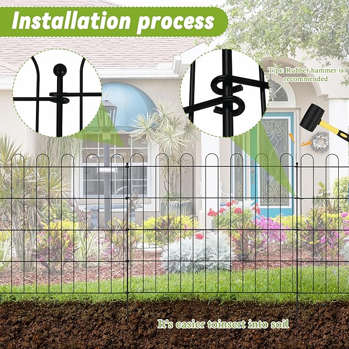 Sunnyglade 10 Panels No Dig Decorative Outdoor Garden Fence for Yard, 24in(H) X 25 ft(L) Animal Barrier Fencing Rustproof Metal Wire Panel Border for Dog, Rabbits or Any Small-Bodied Animal