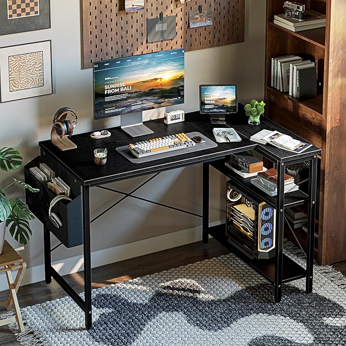 L Shaped Computer Desk with Reversible Shelves, 40 Inch Small Corner Desk with Storage Bag, Gaming Desk Computer Table Study Writing Table for Home Office Bedroom Small Space, Black