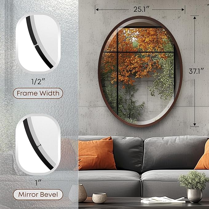 OVALCREST - Oval Wooden Beveled Wall Mirror for Home Decor, Bathroom, Vanity, Bedroom, Living Room, Hallway - London Style (Black Walnut) 25.1 x 37.1