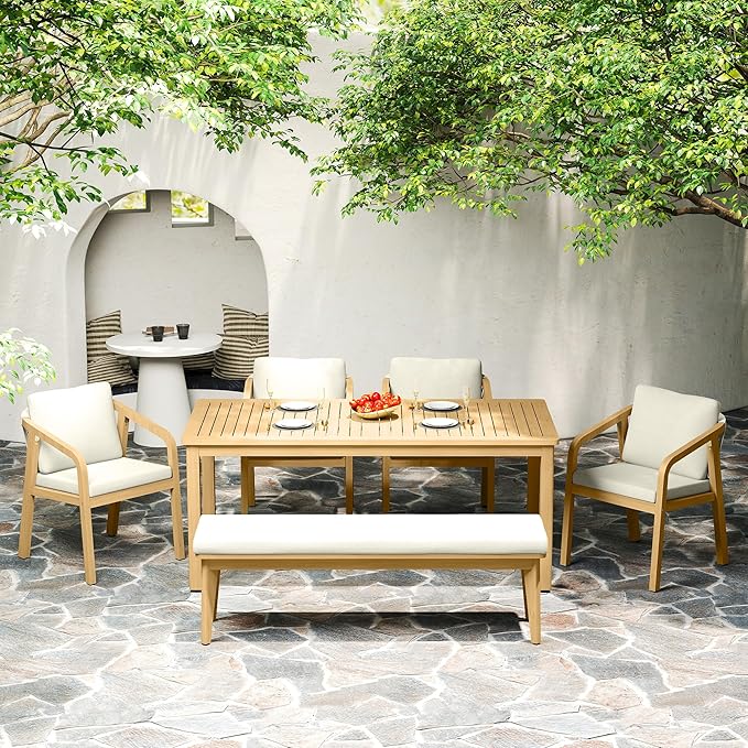6-Piece Outdoor Dining Set for 4 with 23" Extra Wide Chair and Cushion，Patio Table and Chairs Set with All Acacia Wood Frame, All-Weather Outdoor Patio Furniture Set for Garden Lawn, Beige
