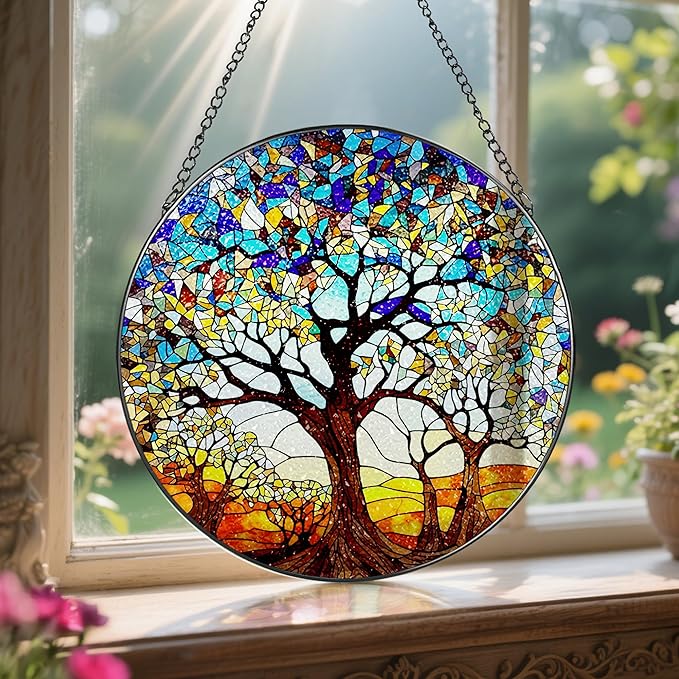 Stained Glass Window Hanging, LAOWEIKI 8'' Tree of Life Suncatcher, Stained Glass Ornament, Suncatchers for Windows Hanging, Window Decor, Outdoor or Indoor, Gifts for Women, Lovers, Couple, Friends