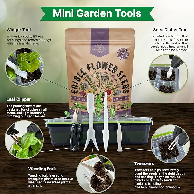 Organo Republic 15 Edible Flower Seeds Variety Pack- Indoor/Outdoor. 4800+ Non-GMO Heirloom Flower: Borage, Bishop's Flower, Chicory, Chives, Hyssop, Echinacea, Lavender Seeds & More