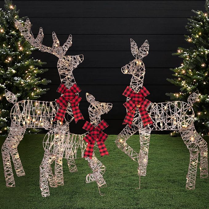 Best Choice Products 4ft 3-Piece 2D Lighted Christmas Deer Family Set, Large Outdoor Yard Reindeer Holiday Decoration with 175 LED Lights, Stakes, Zip Ties - Rattan