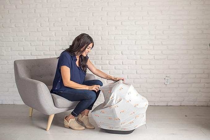 Baby Car Seat Cover Canopy and Nursing Cover Multi-Use Stretchy 5 in 1 Gift Grey with Foxes Copper by Copper Pearl