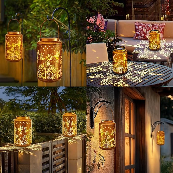 ODEETRONIC 2Pack Hummingbird Solar Lanterns - LED Solar Lantern Lights Outdoor Waterproof, Garden Lantern Lights Birthday Gift for Women, Metal Hummingbird Hanging Lanterns for Garden Yard Patio Decor