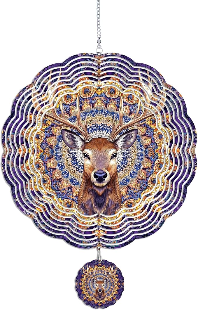 Wind Spinners Outdoor, Purple Brown Elk Deer 3D Stainless Steel Wind Sculpture Spinner for Garden Outside Hanging Decor Mother's Day Christmas Birthday Gifts for Women Men Mom Nana 7.8 in