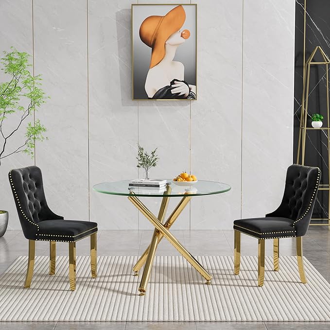 36" Round Glass Dining Room Table for 4 with Tempered Glass Top and Gold Chrome Metal Tube Legs, Modern Clear Kitchen and Dinner Table for Home Office Dining Room