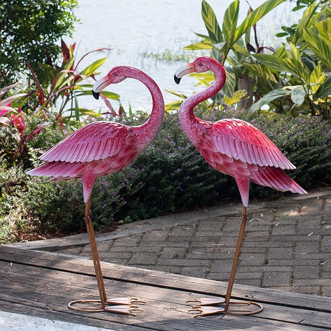 Kircust Flamingo Garden Sculpture & Statues, Metal Birds Yard Art Outdoor Statue, Large Pink Flamingo Lawn Ornaments for Home, Patio, Backyard Decor (2-Pack)