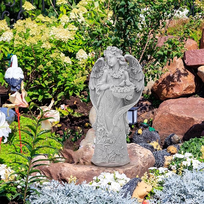 Hanna Roberts Outdoor Statues Angel Décor Garden Statue- 23.5" H Angel Statue,Resin Angel with Bird Figurine, Ideal for Yard, Patio, Deck, Home Entryway, and Hallway（Grey）