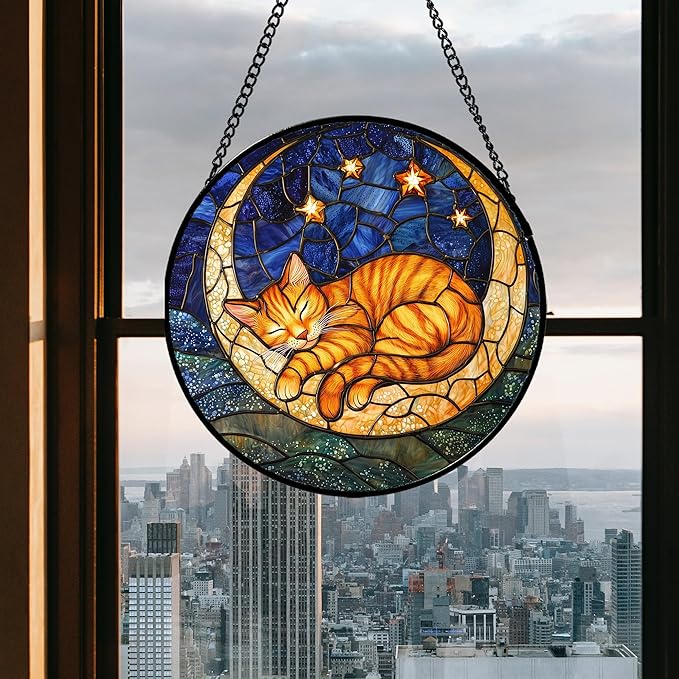 Stained Glass Window Hanging - Orange Moon Sleeping Cat Sun Catcher for Door Home Decor Blue Starry Sky Suncatcher Christmas Mother's Day Birthday Gifts for Women Men Mom Nana 15 in