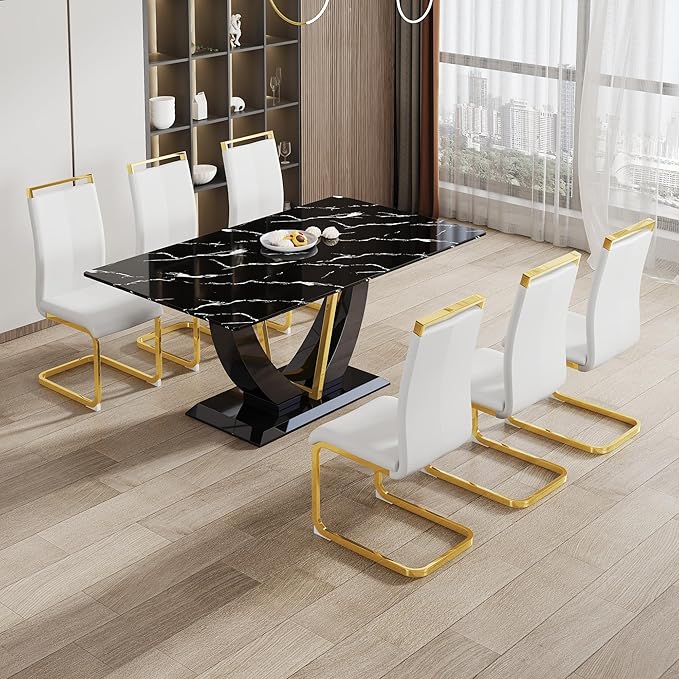 71" Dining Table Set for 6, Black Faux Marble Dining Room Table Set for 6, Large Rectangular Kitchen Table Set and PU Leather Chairs,Tempered Glass Glossy Table with Golden Leg