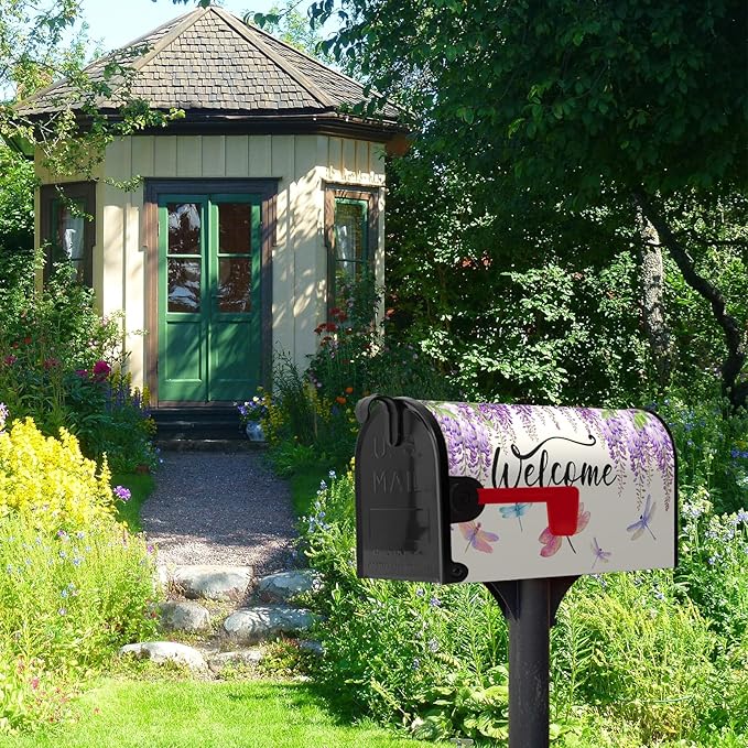 Violet Spring Floral Welcome Mailbox Covers Magnetic Purple Flowers Dragonflies Mailbox Cover Summer Post Box Cover Wraps Standard Size 18 X 21 Inch for Home Yard Decorations