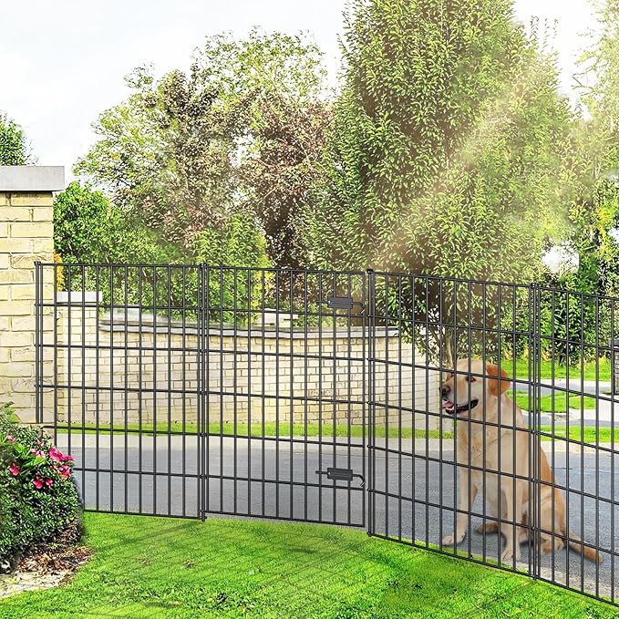 Metal Garden Fence with Gate 40in (H) x 23.3ft (L), 1 Gate + 9 Panels Dog Fence Border Fence Animal Barrier, No Dig Garden Fencing for Yard Flower Bed Lawn Patio Outdoor, PIN402810G Black