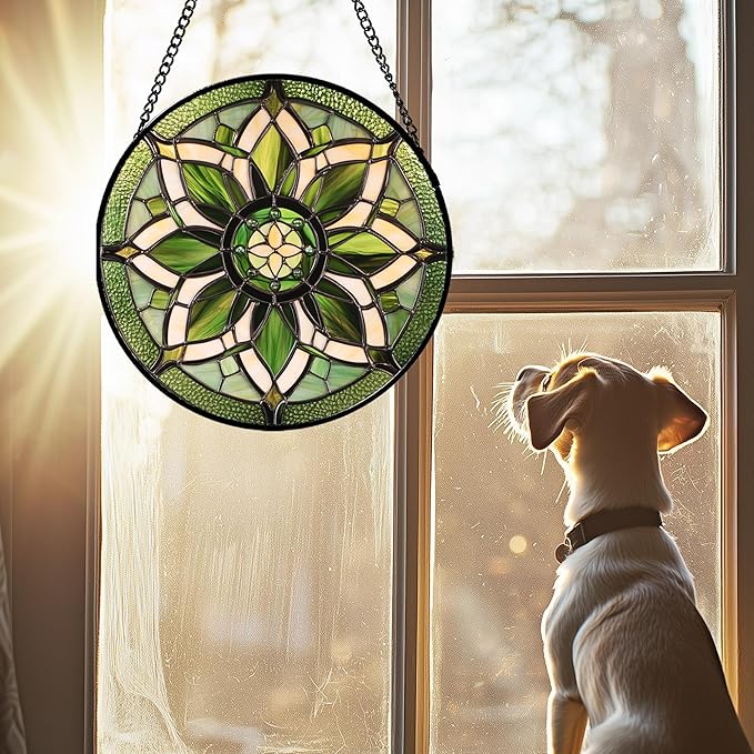 Stained Glass Window Hanging - White Green Boho Flower Suncatcher for Doors Window Home Sun Catchers Decor Christmas Mother's Day Birthday Gifts for Teacher Women Men Mom Nana 15 in