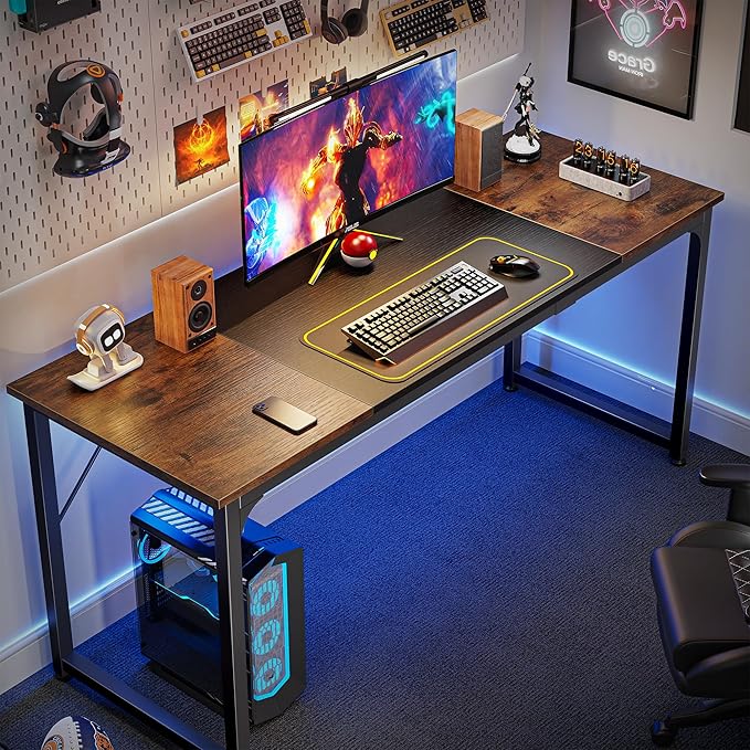 Huuger Computer Desk, 63 Inch Office Desk, Gaming Desk Writing Desk, Work Desk for Home Office, Study, Modern Simple Desk, Large Legroom, Metal Frame, Rustic Brown and Black