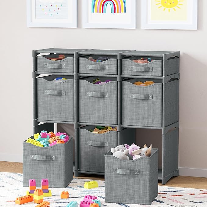 Cube Storage Organizer with Storage Bins Included - The Perfect Closet Organizers and Storage Solution. Includes 9 Storage Cubes, Great For Toy Storage, Closet Storage, Clothes Storage (Grey)