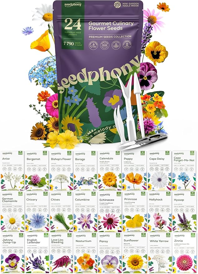 24 Gourmet Culinary Flower Seeds Variety Pack - 7,790+ Non-GMO Heirloom Flower Seeds for Planting Indoor & Outdoor Home Garden - Culinary Flowers Seed Packets for Planting Edible Flowers