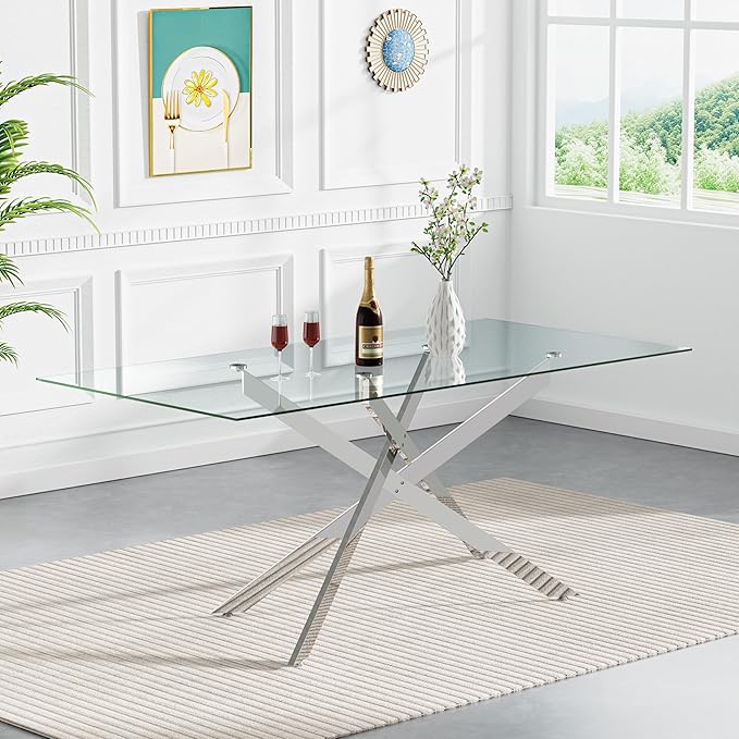 60" Rectangular Glass Dining Room Table for 6 with Tempered Glass Top and Silver Metal Legs, Modern Clear Kitchen and Dinner Table for Home Office Dining Room