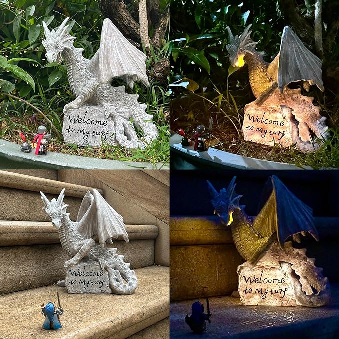 Garden Large Dragon Statue Solar Powered Outdoor Figurine Light The Dragonfire Welcome to My Turf Sign Big Resin Sculpture Home Decoration Housewarming Ornament Unique Gift