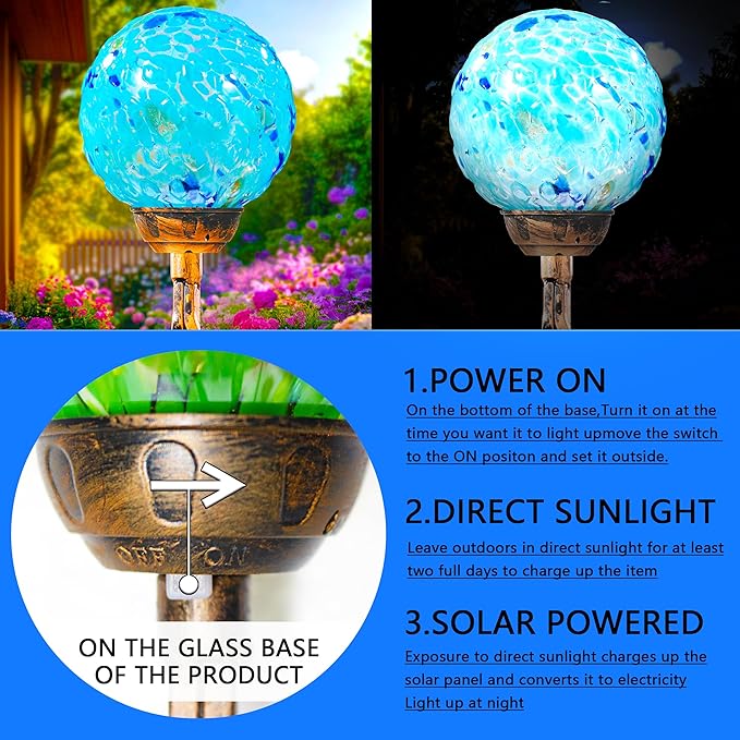 Garden Solar Lights Outdoor, Decorative LED Honeycomb Glass Ball Garden Stake, Glass and Metal Outdoor Decoration, 4 x 31 Inch (Light Blue)