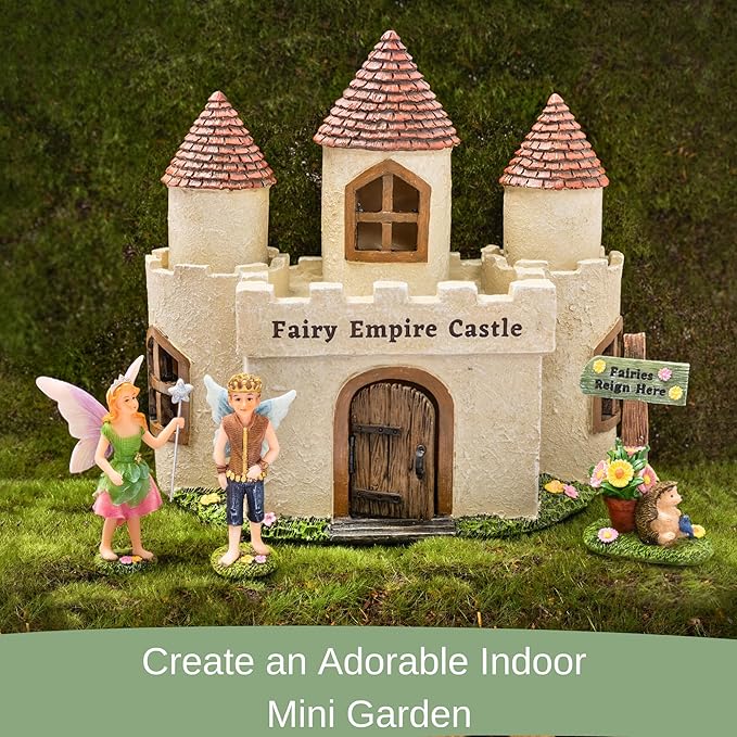 PRETMANNS Fairy House Kit - Fairy Garden Accessories for Outdoor Miniature Village Decor, with Castle, Prince and Princess Fairies & Sign - House, 9’ High & Door can Open Wide - 4 Piece Supplies