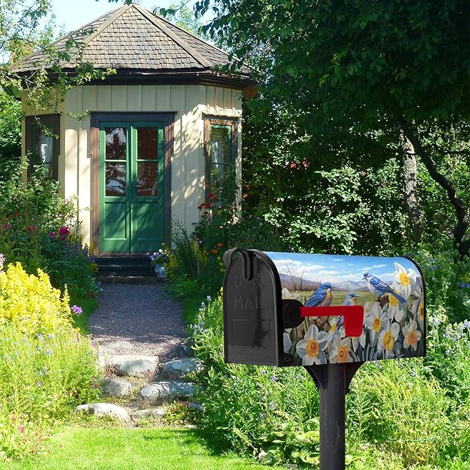 Spring Mailbox Covers Magnetic Oversized Summer Bluebirds Daffodil Post Letter Cover Floral Bird Mailbox Wraps Blue Sky Mail Box Decor for Garden Yard Large Size 25.5 X 21 Inch