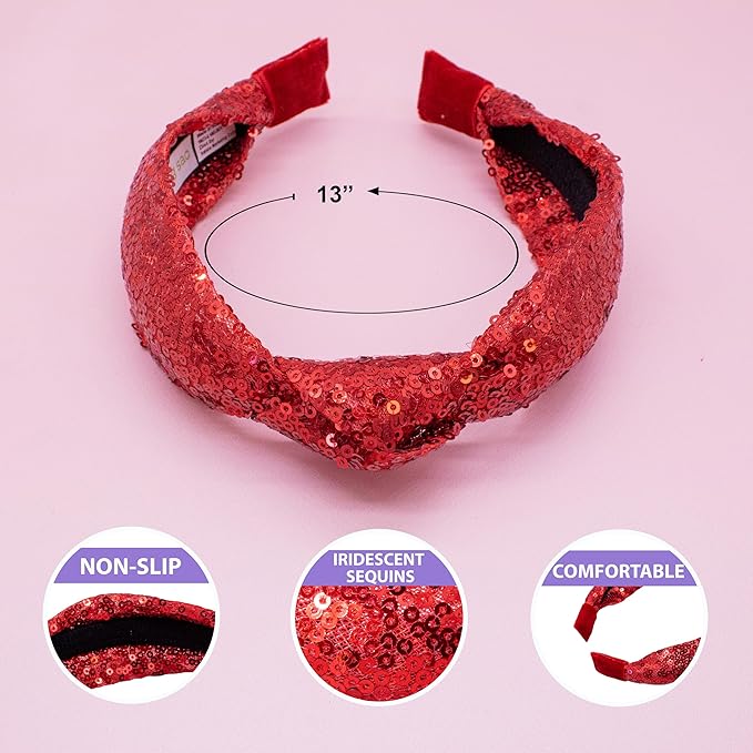 FROG SAC Knot Headband for Girls - Red Sequin Knotted Hair Bands Accessories for Kids, Sparkly Little Girl Headbands for Children, Holiday Christmas Valentines Sparkle Hairbands for Tweens