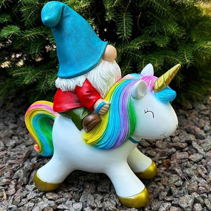 Mood Lab Garden Gnome Statue - Garden Gnome Riding Unicorn - 8.3 Inch Tall Lawn Figurine - for Outdoor or House Decor - Funny Yard & Patio Decoration