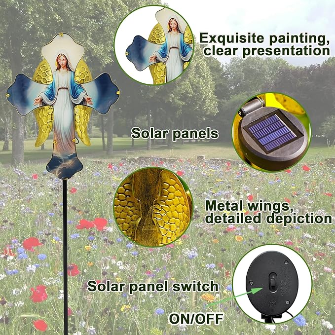 Solar Virgin Mary Cross Garden Lamp for Grave - Angel Wing Memorial Decoration, Waterproof Solar Stake Lamp for Easter, Courtyard, Yard - Sympathetic Gift for Loved Ones. Elegant Cross