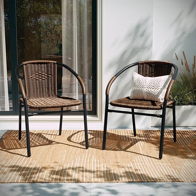 Flash Furniture Lila Modern Rattan Indoor/Outdoor Stackable Dining Chairs, Stacking Rattan Bistro Chairs for Patio or Restaurant, Set of 2, Brown