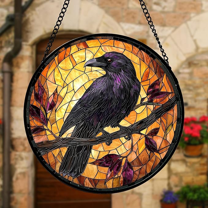Stained Glass Window Hanging - Crow on a Branch Suncatcher Ready to Hang Window Doors Home Decoration and Christmas, Mother's Day Birthday Gifts for Women, Men, and Mom 6.3x6.3 in