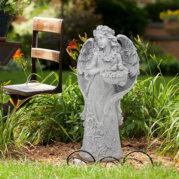 Hanna Roberts Outdoor Statues Angel Décor Garden Statue- 23.5" H Angel Statue,Resin Angel with Bird Figurine, Ideal for Yard, Patio, Deck, Home Entryway, and Hallway（Grey）