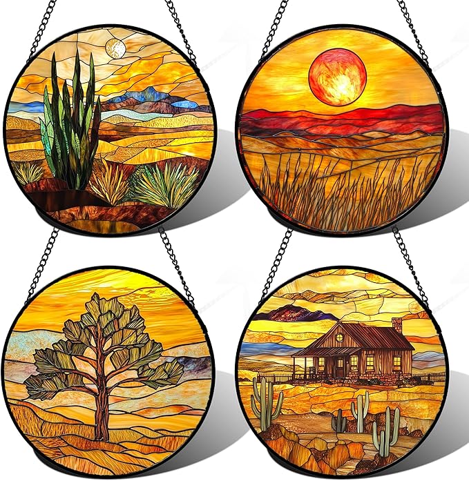 Stained Glass Window Hanging 4 Pcs Set Desert Sunset Theme Landscape 7.8" - Suncatcher Door Garden Sun Catcher Decor Birthday Christmas for Mom Woman Nana Men