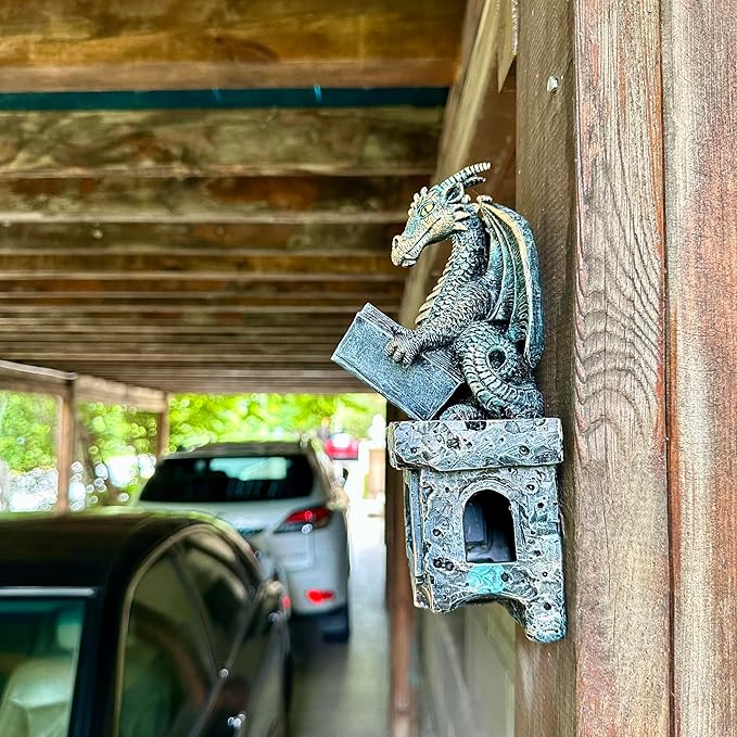Garden Dragon Statue Tree Hugger Solar Powered Outdoor Figurine Wall Hanging Decor Cute and Reading Magic Book Resin Sculpture Home Decoration Porch Patio Lawn Farm Yard Housewarming Ornament Gift