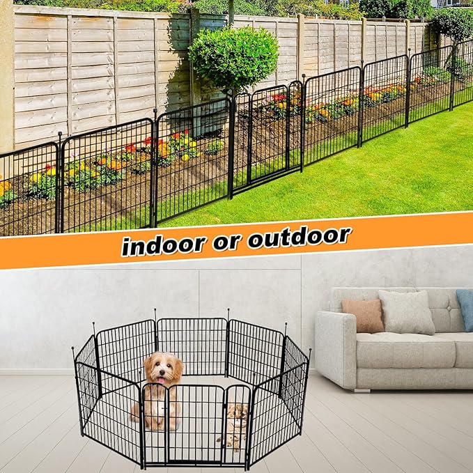 32 in(H) Decorative Garden Fence with Gate, 8 Panels Total 17.7 Ft(L) Heavy Duty Iron Animal Barrier Fence for Yard,Suitable for Indoor Pet Or Outdoor Dog Fencing, Garden Border Fence
