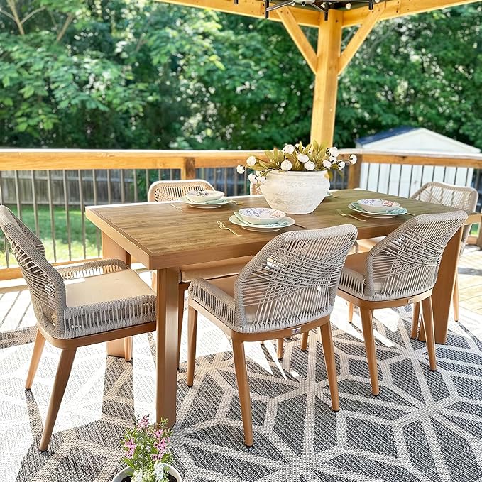 PURPLE LEAF 7 Pieces Dining Set Patio Metal Rectangular Table and Wicker Rattan Chairs for Outside Porch Garden Kitchen Modern Outdoor Furniture Sets