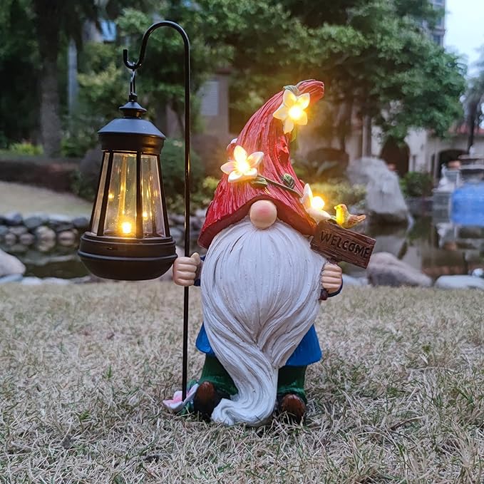 Solar Gnome Garden Statues Outdoor Décor with Lantern- Gnome Figurines Solar LED Light Lawn Ornaments - Yard Decorations for Patio, Balcony, Backyard -Unique House Warming Gifts for Mom