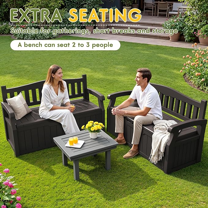 Greesum 80 Gallon Storage Bench Outdoor Deck Box with Armrest, Patio Furniture,Lockable, Waterproof and UV Resistant, Suitable for Garden, Pool, Brown