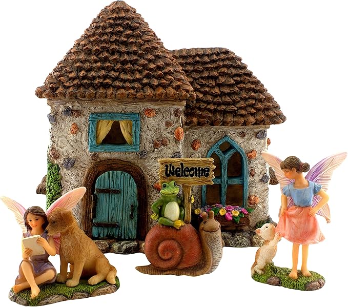 PRETMANNS Fairy House Kit - Fairy Garden Accessories for Outdoor Miniature Village Decor, with Fairies & Sign - Pinecone House, 6.5' High & Door can Open Wide - 4 Piece Supplies