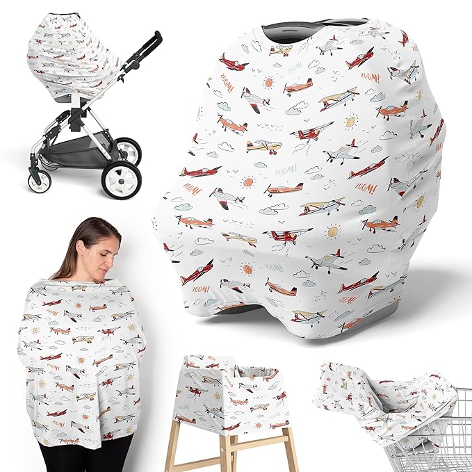 Sweet Jojo Designs Vintage Airplane Boy Infant Baby Car Seat Cover Nursing Breastfeeding High Chair Shopping Cart Stroller Carseat Canopy Carrier Multipurpose Use - Yellow Orange Red White Blue Clouds