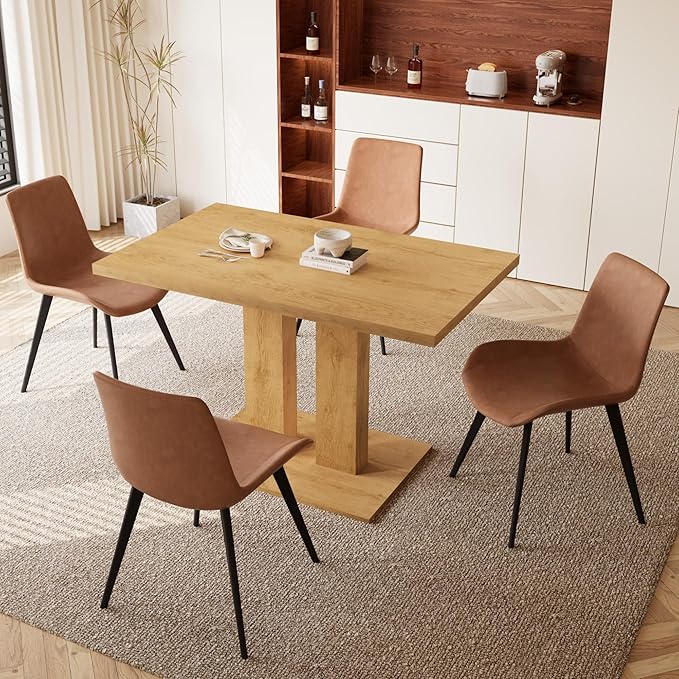 Dining Table Set for 4-6 People, 46 Inch Modern MDF Oak Kitchen Table with 4 Faux Leather Chairs, Rectangular Dining Room Table Set for Home, Small Spaces, Breakfast Nook (Oak Table + 4 Brown Chairs)