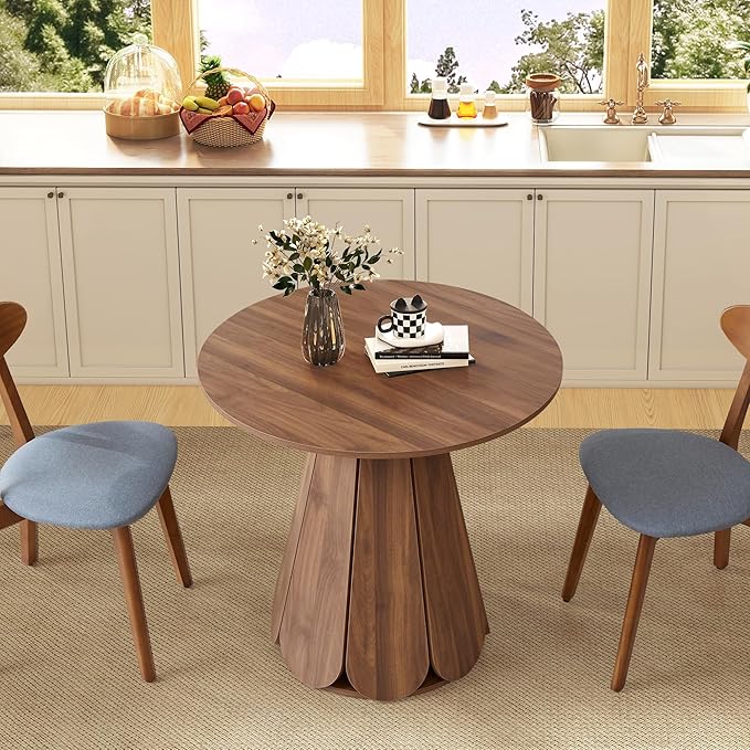 31.5 inch Small Round Dining Table, Modern Kitchen Table for 2 to 4 Person, Farmhouse Wood Circle Dining Room Tables with Pedestal Base, Space Saving Dinner Tables for Apartment, Small Space, Walnut