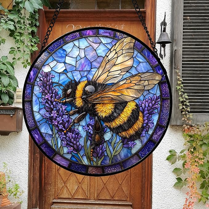 Stained Glass Window Hanging, Bee Lavender Sun Catchers Diamond Glass Panel Hangings Insect Suncatcher Decor for Birthday for Women, Men, Wife, Aunt, and Mom 14.9x14.9 in