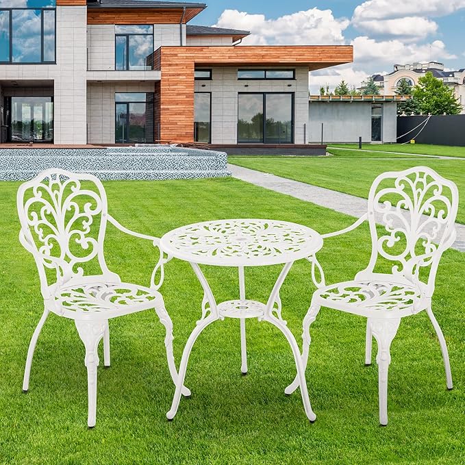 Patio Bistro Set 3 Piece Cast Aluminum Outdoor Bistro Set, Rust Resistance Bistro Table and Chairs of 2 with Umbrella Hole, Small Patio Set for Garden Outside, White