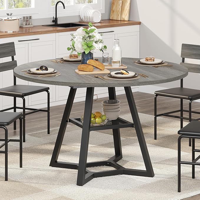Round Dining Table for 4, Kitchen Tables Dining Room Circle Dinner Table with Pedestal Metal Frame, Space Saving Wood Industrial Kitchen & Dining Room Tables, Grey 47In