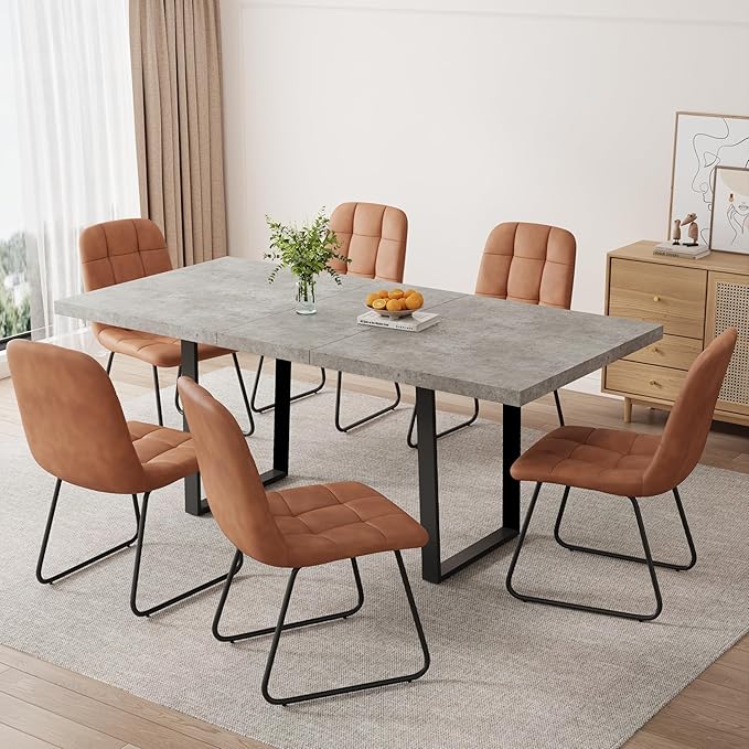 ZckyCine 51''-67'' Modern Extendable Dining Table Set, Rectangular Wood Table with 6 PU Leather Chairs, Space-Saving Design, Adjustable Length, Comfortable Seating for 6 People, Ideal for Dining Room