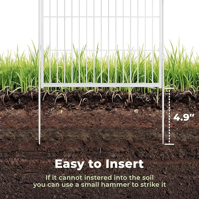 SunsGrove Garden Fence 45 in(H) x 8.9 ft(L) 4 Panels, Heavy Duty Metal Animal Barrier Fence for Dogs, Easy No-Dig Setup, Decorative Dog Fences, White