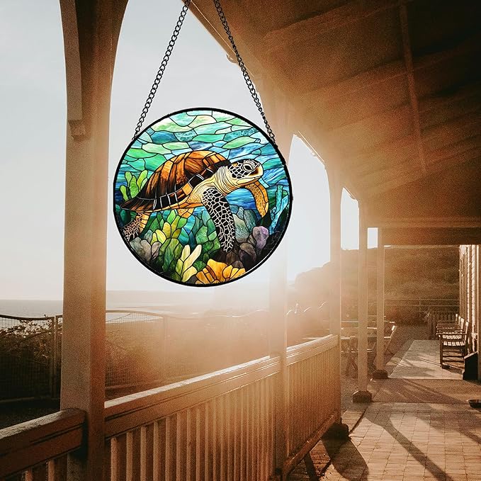 Stained Glass Window Hanging - Cute Sea Turtle Suncatcher for Door Garden Yard Blue Ocean Sun Catchers Decor Christmas Mother's Day Birthday Children's Gifts for Women Mom Nana Friend 9.8 in